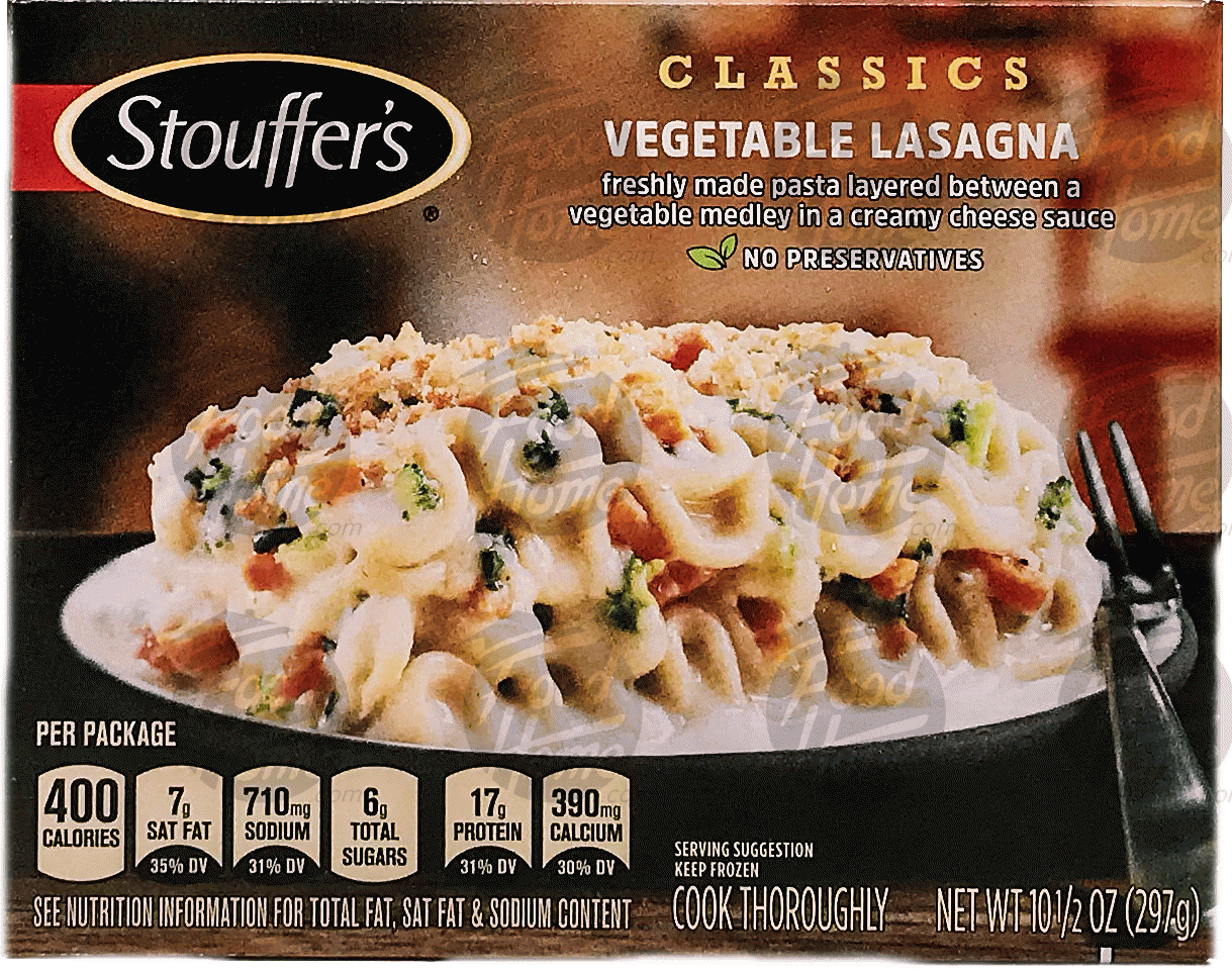 Stouffer's Classics vegetable lasagna; whole grain lasagna layered with a vegetable medley in a creamy cheese sauce Full-Size Picture